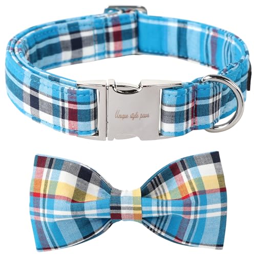 Plaid Dog Collar with Bow Pet Gift Adjustable Soft and Comfy Bowtie Collars for Small Medium Large Dogs (Large / blue plaid)