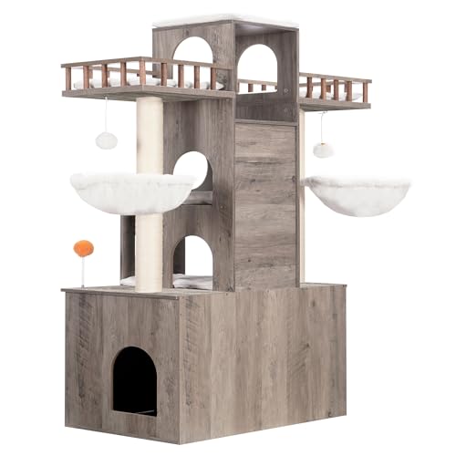Cat Tree with Litter Box Enclosure for Indoor Big Cat HCT110SG (Rustic Gray / 60 inch)