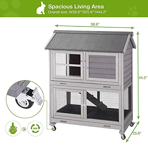Rabbit Hutch Indoor Outdoor Bunny Cage Rabbit House with Movable Wire Netting (Gray / 38.6"L x 25.6"W x 44.2"H)