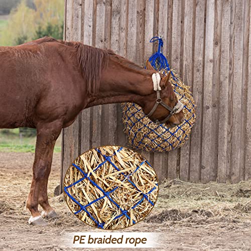 4 Pcs Slow Feed Hay Net Feeder Hay Bag for Horses Slow Feeder 40 Inch Length with 2 Inch Holes Hanging Horse Feed Net for Goat Cattle Equine Stalls Barn Supplies (Blue)