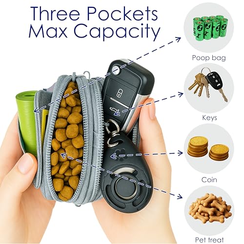 Dog Treat Pouch for Pet Walking and Training with Clicker Poop Bags and Three Bags Design Small Fanny Zipper Pack Holder for Puppy Snack Dispenser Kit for Leash and Outdoor Use (Two Bag / d3.Gray1)