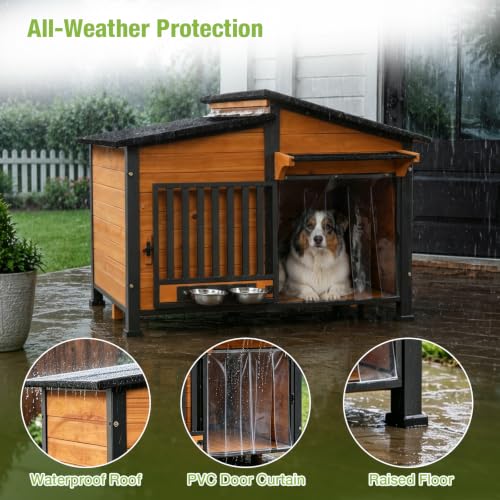 Large Outdoor Dog House with Pet Bowl for Large Dogs