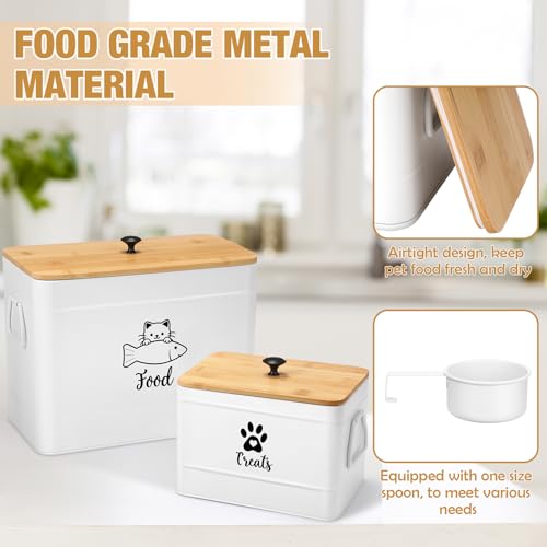 2 Pcs Large Metal Cat Food Storage Containers 12+3.5 Lbs Decorative Pet Treat Snack Jars Airtight Bamboo Lids & Dry Food Scoop for Farmhouse Kitchen Counter Decor (White)