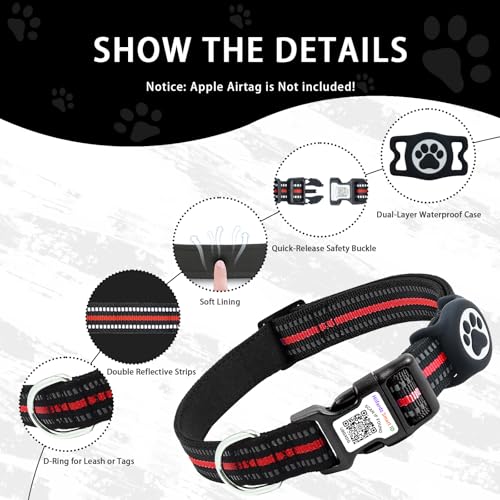 Dog Collar with Tracker Holder and QR Code ID (Red / S (10-15"))