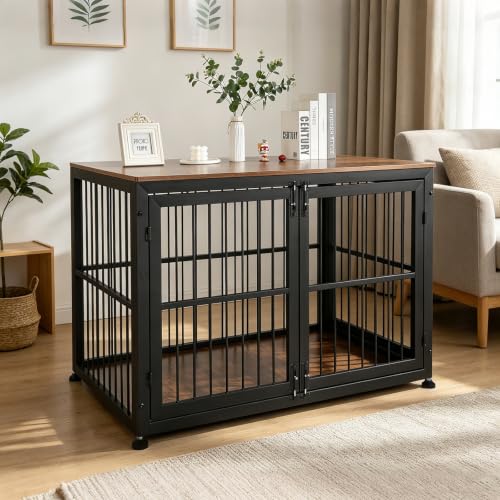 48" Rustic Heavy Duty Dog Crate Furniture for Extra Large Dogs (Black + Rustic Brown / 48.0"L x 30.1"W x 33.9"H)