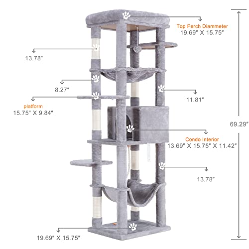 Cat Tree for Large Cats 20 lbs (Light Gray / 69 inch)