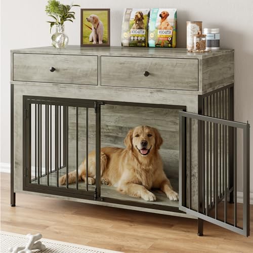 Large Dog Crate Furniture with 2 Drawers (Grey)