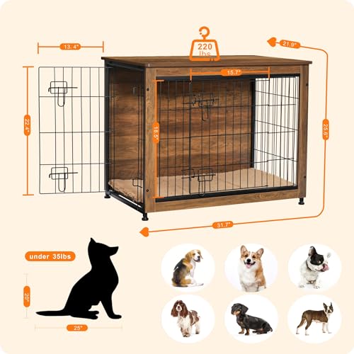 32.5" Dog Crate Furniture with Cushion (Warm Brown / 32.5"L x 21.9"W x 25.6"H)