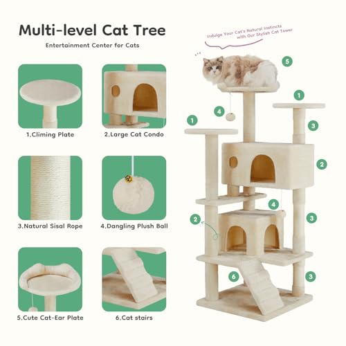 54 Inch Cat Tree Tower with Scratching Posts (Beige / 54'' × 20'' × 20'')