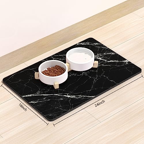 Dog Food Mat 16" x 24" Marble Absorbent Dog Cat Bowl Mat for Food and Water (Black Marble / 16"L x 24"W)