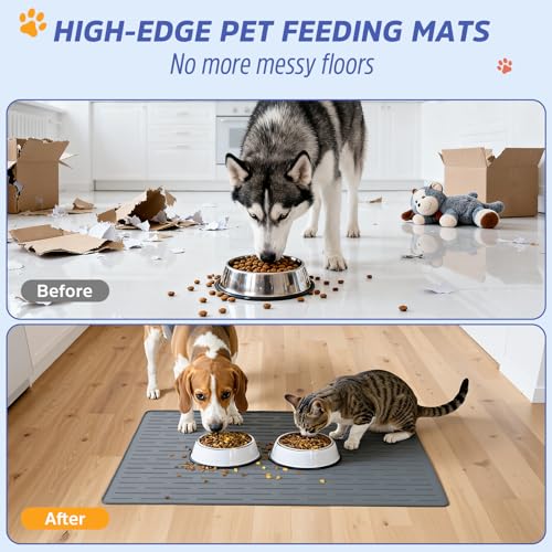 Large Dog Mats for Food and Water (Gray / 32"L x 24"W)