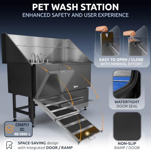 Professional Dog Washing Station 304 Stainless Steel Pet Wash Sink (Black, Left Ramp, 1 Drawer / 61 Inches)
