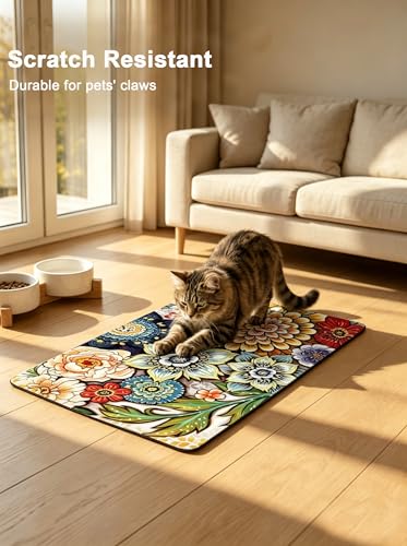 Dog Food Mat 12" x 19" Flower Absorbent Dog Cat Bowl Mat for Food and Water (Colorful Mandala / 12"L x 19"W)