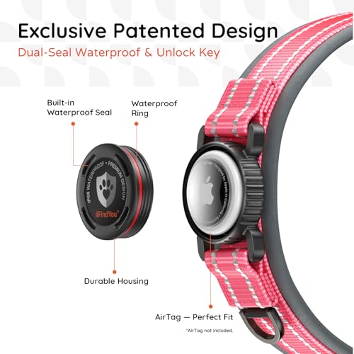 Heavy Duty Dog Collar with AirTag Holder (Rose Red / L (21-23in Neck))
