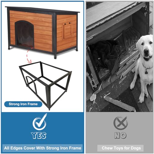 Outdoor Insulated Wooden Dog House Weatherproof Chew Resistant Metal Frame (43.3"Length)