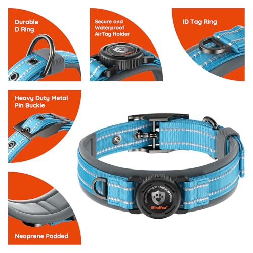 Heavy Duty Dog Collar with AirTag Holder (Blue / M (17-19in Neck))