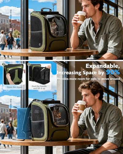Cat Backpack Carrier (Green(Expandable) / 12.6"L x 10.2"W x 16.5"H)