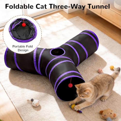 Cat Tunnel, 3-Way Collapsible Toy, Large Size Black & Purple (Black & Purple / Large)