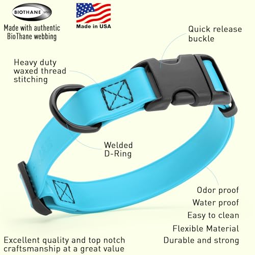 Biothane Waterproof Dog Collar with Quick Release Buckle Strong Coated Nylon Webbing with Odor (5/8"W by 10-14"L / Sky Blue)