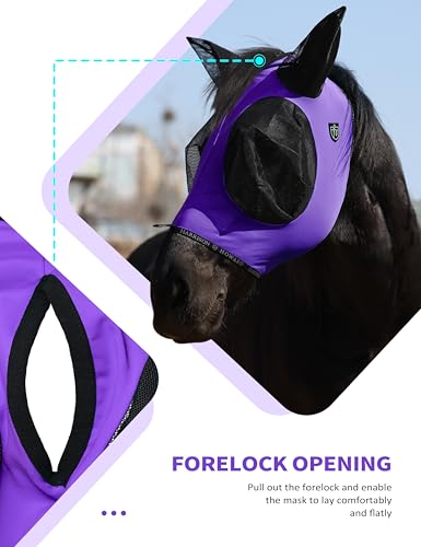 Horse Fly Mask with Forelock Opening Stretch Breathable and Comfortable for Horses UV (Purple / L)