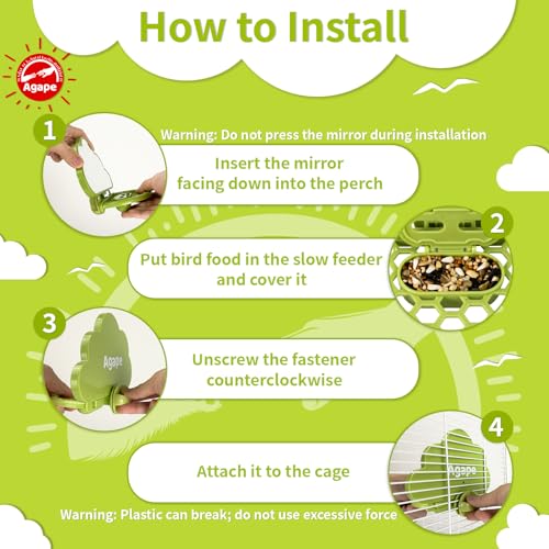 Bird Mirror with Perch&Slow Feeder (Olive / 7.28" L x 3.5" W x 5.5" H)
