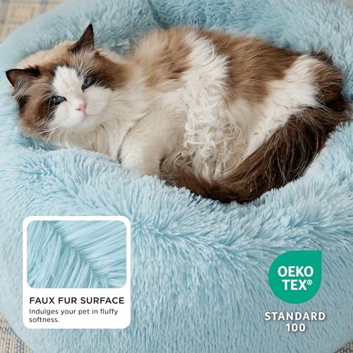 Calming Cat Beds Donut Round Washable Kitten Bed (20"L x 20"W x 6"Th / Aqua Blue)