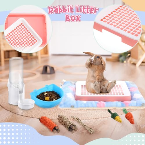 19 Pcs Rabbit Starter Kit Small Bunny Litter Box Rabbit Grooming Kit Water Bottle Bunny Toys Hay Feeder Bowl Blankets with Cleaning Set for Guinea Pig Accessories (Pink-white / Strawberry Bear)