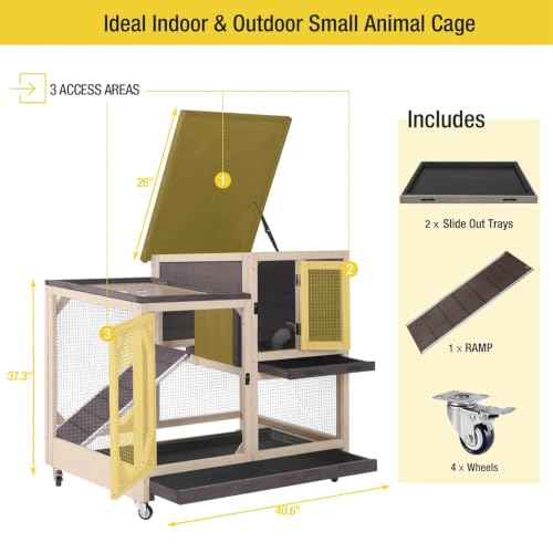 Rabbit Cage Indoor Outdoor Bunny Hutch on Wheels (Dark Brown)
