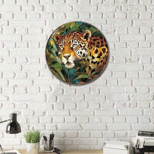 Metal Sign Tin Sign Circular Stained Glass Jaguar Minimalist Wall Art for Garage 12×12 Inches (12×12 Inches / Jaguar-3)