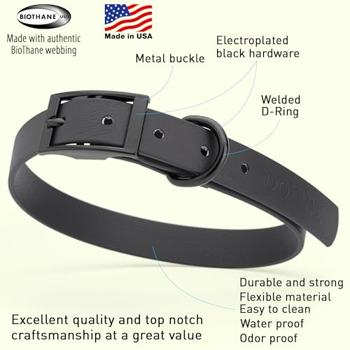 Biothane Waterproof Dog Collar Strong Coated Nylon Webbing with Black Hardware Odor (W3/4" x L15-18" / Black)