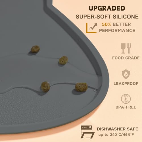 Cat Food Mat Silicone Non Slip Dog Bowl Mat Waterproof Cat Feeding Mat Stop Food Spills and Water Messes Out to Floor Pet Food Mat (Charcoal Gray / 24"L x 14"W)
