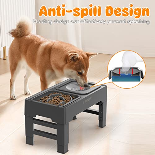 2-in-1 Elevated Slow Feeder Dog Bowls with No-Spill Water Bowl (Grey / Slow Feeder)