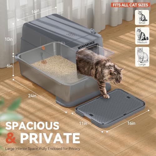 Enclosed Stainless Steel Cat Litter Box with Odor Control (Dark Grey)