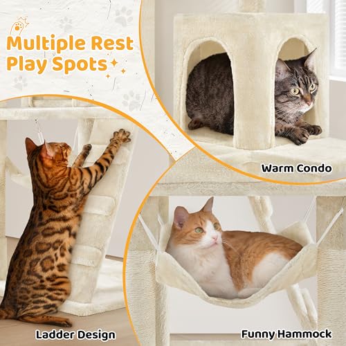Cat Tree 54in Tall Cat Tower for Indoor Cats with Extended Platform & Basket (Beige)