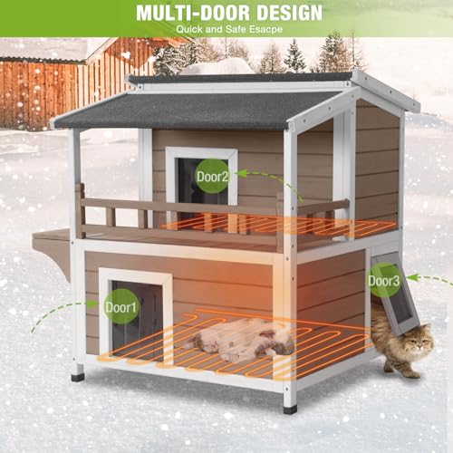 Heated Cat House Outdoor 2 Story Insulated Liner Feral Cat Shelter Weatherproof for Outside with Heated Pad（Brown）
