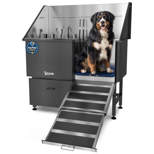 Professional Dog Washing Station 304 Stainless Steel Pet Wash Sink (Black, Right Ramp, 1 Drawer / 50 Inches)