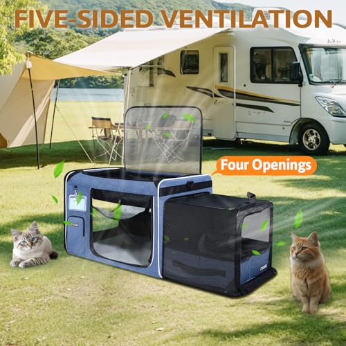 Side Expandable Extra Large Cat Carrier with Litter Box (Blue)
