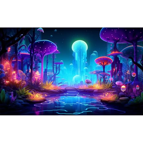 Fantasy Forest Aquarium Background Mysterious Plants Abstract Mushrooms Cartoon Style Forest Terrarium Backdrop Tranquil Stream Fish Tank Background Wallpaper Poster Decor Vinyl 72x18in (72(W)x18(H)in / Blue Purple)