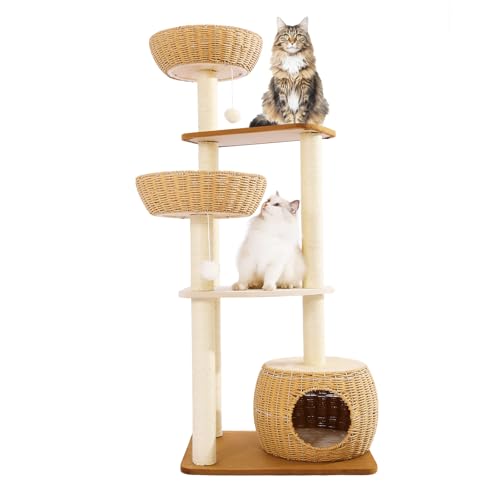 55.5 Inch Modern Cat Tree for Large Cats with Woven Rattan Beds (1)