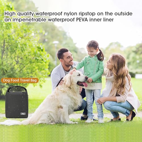 Pet Food Storage Bag Dog Food Travel Bag with 2PCS Collapsible Dog Travel Bowls Waterproof Kibble Storage Container for Road Trips Camping (Black / 12L)