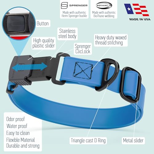 Biothane Waterproof Dog Collar with Herm Sprenger Black Stainless Steel Quick Release Buckle (W 1" x L 15"-25" / Cerulean Blue)