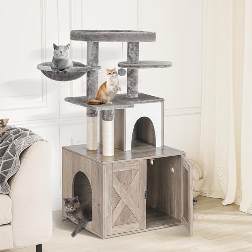 Cat Litter Box Enclosure with Tree Tower and Condo (Grey)