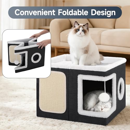 Cat House Bed for Indoor Cats with Fluffy Ball and Scratch Pad Black (Black / Large)
