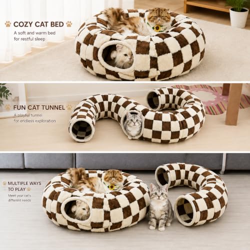 Cat Tunnel Bed with Washable Cushion for Indoor Cat (Brown)