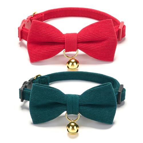 2 Pack Soft Corduroy Cat Collars with Bow Tie & Bell Adjustable Breakaway Kitten Bowtie Collar for Girl Boy Cats (S:Neck 7.0" - 11.0" / Corduroy-Red Green)