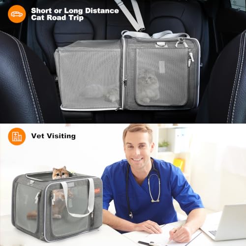 20x14x14 Expandable Large cat car Travel Carrier for 2 Cats (Grey)