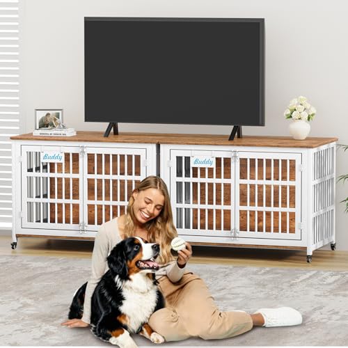 46"/43"/32" XXL Heavy Duty Dog Crate Furniture with Casters (46.1"L x 28.7"W x 31.9"H / White & Beech)