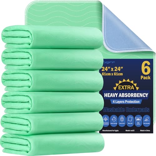 6 Pack 24” x 24” Extra Heavy Absorbency Washable Underpads Bed Pads (6 Pack - 24" x 24")