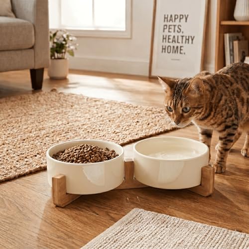 Ceramic Dog and Cat Bowl Set with Wooden Stand (1.7 cups / Beige × 2)