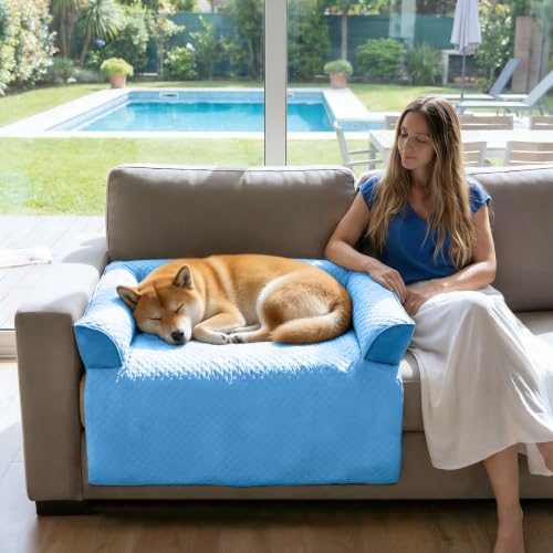 Cooling Dog Bed Mat with Bolster Pillow Washable Dog Couch Cover Breathable Summer Pet Couch Bed Protector Indoor (Cooling Blue / 41.0"L x 37.0"W x 6.0"Th)